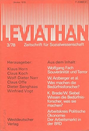 Bild des Verkufers fr Leviathan Heft 3/1978 - Zeitschrift fr Sozialwissenschaft u.a. Souvernitt und Terror zum Verkauf von Versandantiquariat Nussbaum