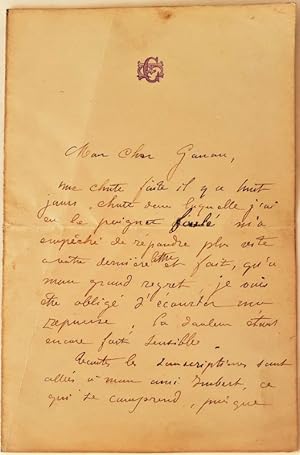 Immagine del venditore per L. A. S. / Lettre Autographe Signe d'Ernest CHEBROUX [Chansonnier et pote]  Jean-Franois Gonon [Chansonnier et historien stphanois]. venduto da Jean-Paul TIVILLIER