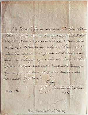 Imagen del vendedor de L. A. S. / Lettre Autographe Signe du Baron TROUV [Imprimeur-libraire; journaliste; littrateur; diplomate et administrateur]  Alphonse Mahul [Dput de l'Aude, Prfet de la Haute-Loire, du Vaucluse puis de la Haute-Garonne sous Louis-Philippe. Polygraphe, a donn des travaux historiques, politiques, agronomiques, biographiques et bibliographiques]. a la venta por Jean-Paul TIVILLIER