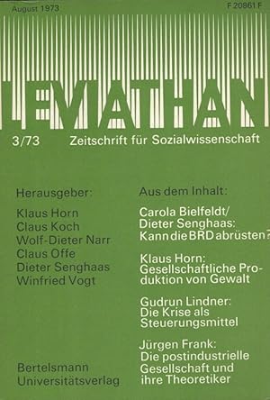 Bild des Verkufers fr Leviathan Heft 3/1973 - Zeitschrift fr Sozialwissenschaft u.a. Frank, Die postindustrielle Gesellschaft zum Verkauf von Versandantiquariat Nussbaum