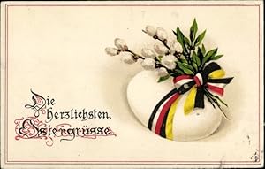 Ansichtskarte / Postkarte Glückwunsch Ostern, Patriotisches Osterei, Weidenkätzchen, Lorbeer