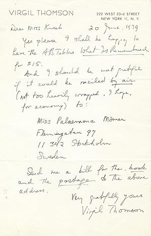 Bild des Verkufers fr Autograph letter ordering Toklas's account of her life with Gertrude Stein. Signed in full zum Verkauf von J & J LUBRANO MUSIC ANTIQUARIANS LLC