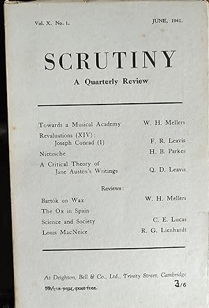 Seller image for Scrutiny, A Quarterly Review: Vol. X No 1 June, 1941 / W H Mellers "Towards a Musical Academy" / F R Leavis "Revaluations (XIV): Joseph Conrad (I) / H B Parkes "Nietzsche" / Q D Leavis "A Critical Theory of Jane Austen's Writings" / W H Mellers "Bartok on Wax" for sale by Shore Books