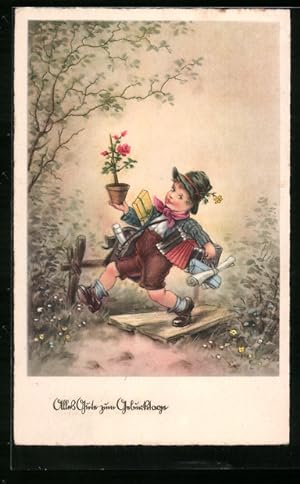 Bild des Verkufers fr Knstler-Ansichtskarte Alles Gute zum Geburtstag, Junge eilt mit Geschenken herbei zum Verkauf von Bartko-Reher