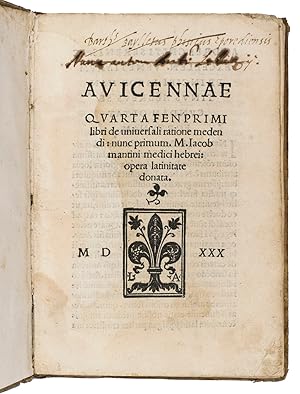 Bild des Verkufers fr Avicennae quarta fen primi libri de universali ratione medendi: nunc primum. m. Iacob Mantini medici hebrei: opera Latinate donata.(colophon:) Venice, Lucantonio Giunti, 8 April 1530. 8vo. With Giunti's printer's device on the title page (a Florentine lily with the L. A. initials). Later vellum with more recent end leaves. zum Verkauf von Antiquariaat FORUM BV