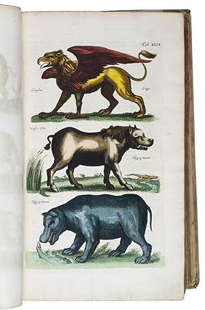 Bild des Verkufers fr Naeukeurige beschryving van de natuur der vier-voetige dieren, vissen en bloedlooze water-dieren, vogelen, kronkel-dieren, slangen en draken.Amsterdam, Jan Jacobsz. Schipper, 1660. 6 parts (issued as 4) in 1 volume. Folio. With a general letterpress title-page without imprint, 2 letterpress part-titles without imprint, 4 hand-coloured engraved part-titles and with 250 expertly engraved plates, 249 coloured by a contemporary hand. Further with woodcut decorated initials, coloured by hand with the letters themselves in gold. 18th-century(?) blind-tooled vellum. zum Verkauf von ASHER Rare Books