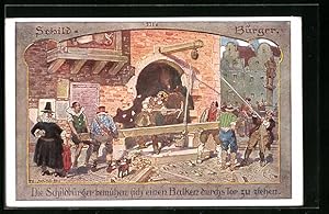 Bild des Verkufers fr Knstler-Ansichtskarte Die Schildbrger bemhen sich einen Balken durchs Tor zu ziehen zum Verkauf von Bartko-Reher