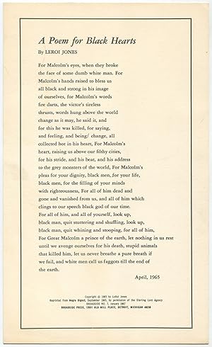 Bild des Verkufers fr [Broadside]: A Poem for Black Hearts zum Verkauf von Between the Covers-Rare Books, Inc. ABAA