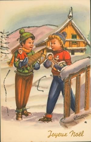 Glitzer Künstler Ansichtskarte / Postkarte Furlan, G., Glückwunsch Weihnachten, Kinder, Geschenke