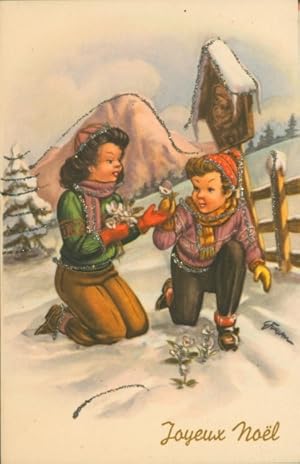 Glitzer Künstler Ansichtskarte / Postkarte Furlan, G., Glückwunsch Weihnachten, Kinder pflücken B...