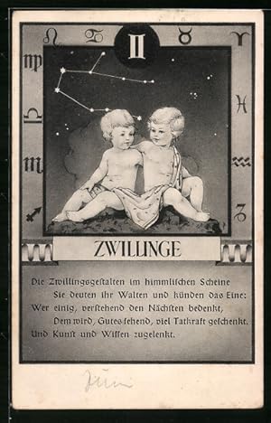 Bild des Verkufers fr Ansichtskarte Sternzeichen Zwillinge, Die Zwillingsgestalten im himmlischen Scheine. zum Verkauf von Bartko-Reher
