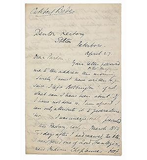 Imagen del vendedor de ALS as Edward Bradley, to (George Frederick) Pardon. 69 lines on 4pp, from Denton Rectory, Stilton, Peterborough April 27, (1860). The writer speaks of his preferment and various offers made to him, and describes his travels, including to Scotland and his preference for his 'pretty new Rectory house'. a la venta por Jarndyce, The 19th Century Booksellers