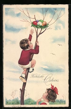 Bild des Verkufers fr Knstler-Ansichtskarte Kinder greifen zum versteckten Osternest auf dem Baum zum Verkauf von Bartko-Reher