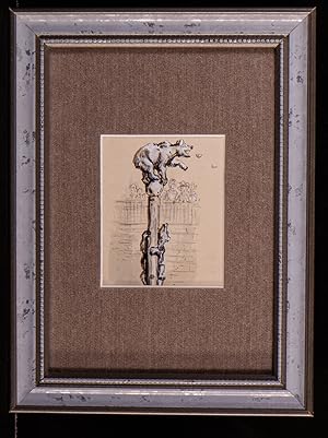 Original pen, ink and wash drawing of Two Bears climbing up a pole and being watched by a crowd.