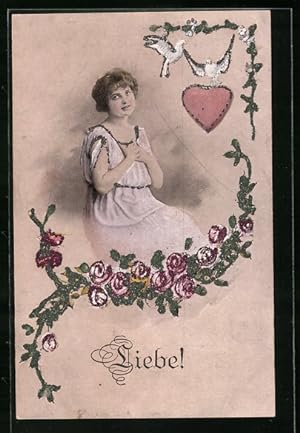 Bild des Verkufers fr Ansichtskarte Allegorie Liebe, Junge Frau mit Herz und weissen Tauben zum Verkauf von Bartko-Reher