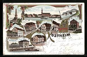 Lithographie Kostheim, Kriegerdenkmal, Gasthaus zum Adler, Hotel Rheinischer Hof, Mainbrücke