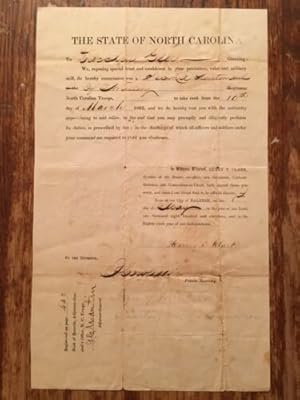 The State of North Carolina Commission for Zaccheus Ellis as second Lieutenant of Artillery as of...