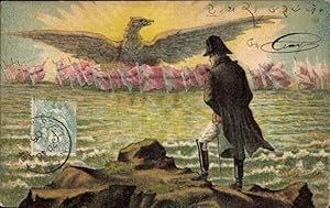 Bild des Verkufers fr Ansichtskarte / Postkarte Napoleon Bonaparte, Adler, Fahnen mit Schlachten, Austerlitz, Wagram, Waterloo zum Verkauf von akpool GmbH