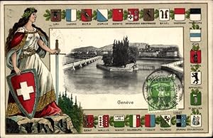 Bild des Verkufers fr Prge Wappen Ansichtskarte / Postkarte Genve Genf Schweiz, Blick auf die Stadt, Frau mit Schwert und Schutzschild zum Verkauf von akpool GmbH