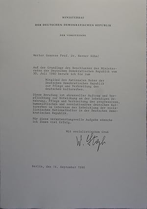 Urkunde zur Ernennung als Mitglied des Nationalen Rates der DDR. Mit eigenhändiger Unterschrift v...