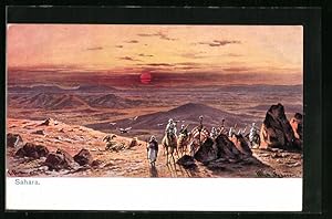 Bild des Verkufers fr Knstler-Ansichtskarte Friedrich Perlberg: Sahara, Karawane bei Sonnenuntergang zum Verkauf von Bartko-Reher
