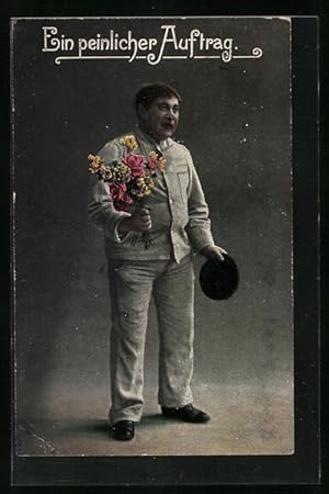 Bild des Verkufers fr Ansichtskarte Ein peinlicher Auftrag, Soldat mit Blumenstrauss, Soldatenhumor zum Verkauf von Bartko-Reher