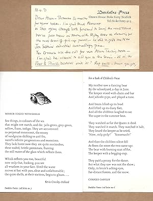 Seller image for Nine Broadsheet Poems from the Daedalus Press: 2nd Series (Nos: 6, 7, 8 ,9, 11, 12, 13, 14, 15) [Together with hand-written card from Publisher] for sale by The Bookshop at Beech Cottage