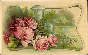 Präge Litho Glückwunsch, Best Wishes, Rosenblüten