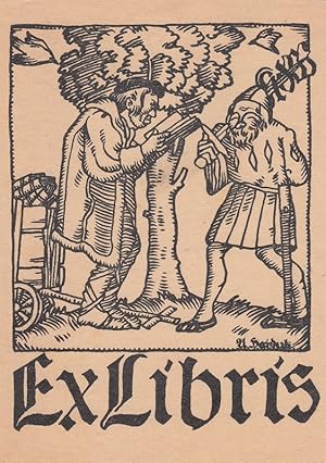 Seller image for Ex Libris. Vor Baum neben Bcherwagen stehend Lesender, daneben Mann mit geschultertem Schwert. for sale by Antiquariat  Braun