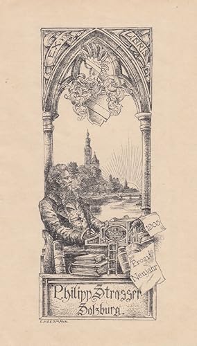 Bild des Verkufers fr Ex Libris Philipp Strasser Salzburg. In Spitzbogen-Rahmung vor Bchern Sitzender mit Schreibmaschine, dahinter Kirchen von Salzburg. zum Verkauf von Antiquariat  Braun