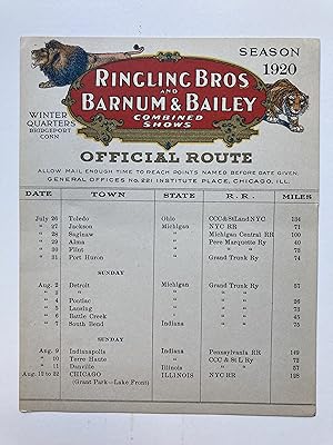 RINGLING BROS AND BARNUM & BAILEY COMBINED SHOWS OFFICIAL ROUTE (Route Card). SEASON 1920
