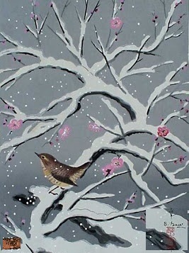 BIRD ON SNOWED PLUM/CHERRY TREE Wood Block Print