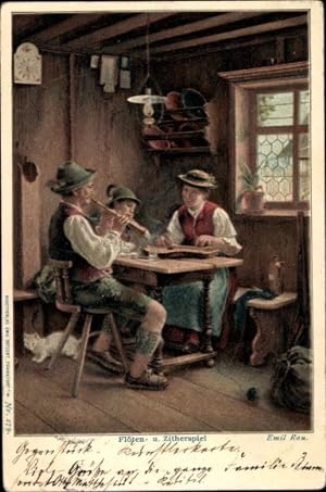 Künstler Ansichtskarte / Postkarte Rau, Emil, Flöten und Zitherspiel, Bauernstube