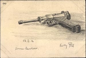 Handgemalt Ansichtskarte / Postkarte Armee Revolver, Deutsche Pistole 08, 1916, I. WK