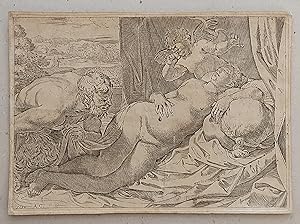 Bild des Verkufers fr Jupiter und Antiope. Kupferstich. In der Platte unten links datiert und monomgrammiert: 1592. A.C. zum Verkauf von Biblion Antiquariat