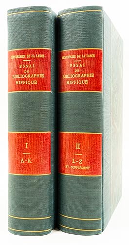 Image du vendeur pour Essai de Bibliographie Hippique donnant la description dtaille des ouvrages publis ou traduits en latin et en Francais sur le Cheval et la Cavalerie. Avec de nombreuses Biographies d'Auteurs hippiques. - [3 Bnde in 2 Bnden]. - mis en vente par Antiquariat Tautenhahn