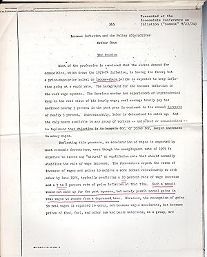 Bild des Verkufers fr Incomes Inflation and the Policy Alternatives".presented at the Economists Conference on Inflation (Summit" (/23/74) zum Verkauf von Dorley House Books, Inc.