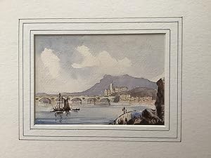 COASTAL SCENE. An attractive Grand Tour watercolour depicting a coastal scene, with boats, an bri...