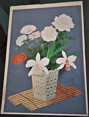 Ikebana Winter FLOWER ARRANGEMENT CAMELIAS Wood Block Print