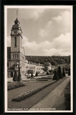 Ansichtskarte Bad Schwalbach, Kath. Kirche mit Grünanlagen in der strasse