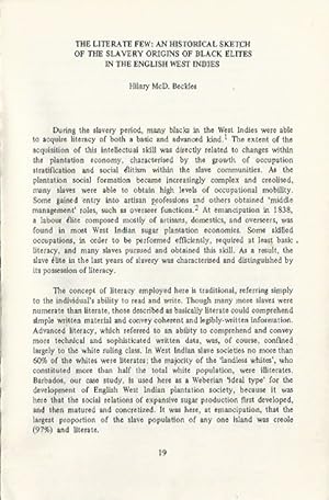 Immagine del venditore per The Literate Few: An Historical Sketch of the Slavery Origins of Black Elites in the English West Indies (in Caribbean Journal of Education, vol 11 no 1, Jan 1984) venduto da Black Rock Books