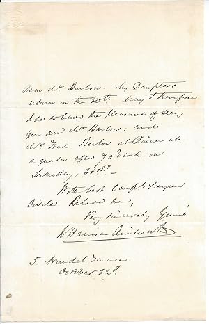 Seller image for [William Harrison Ainsworth, Victorian historical novelist and close friend of Charles Dickens.] Autograph Letter Signed, inviting  Mrs Barlow  and her husband  Mr. Fred. Barlow  to dinner on his daughters  return. for sale by Richard M. Ford Ltd