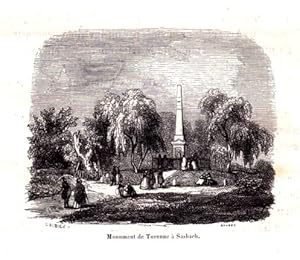 Bild des Verkufers fr Monument de Turenne a Sasbach. Holzstich aus einem illustrierten Buch, Rckseite mit Text. zum Verkauf von Antiquariat Heinz Tessin