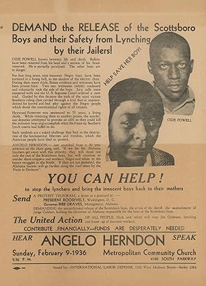 Imagen del vendedor de Demand the Release of the Scottsboro Boys and their Safety from Lynching by their Jailers. [with] Unemployed Concession Ticket a la venta por Auger Down Books, ABAA/ILAB