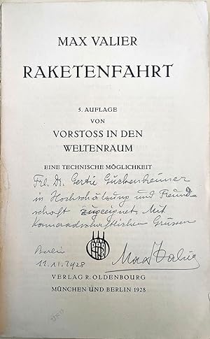 Imagen del vendedor de Raketenfahrt. 5th ed. Presentation copy (soft covers) a la venta por Jeremy Norman's historyofscience