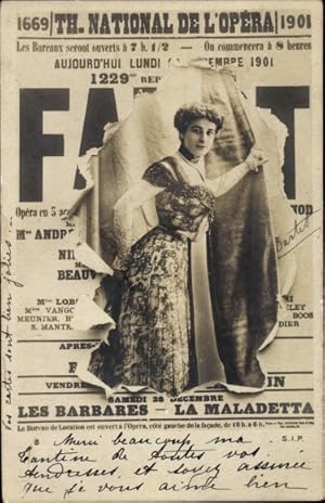 Zeitungs Ansichtskarte / Postkarte Th. National de l'Opera, Les Barbares, Standportrait einer Fra...