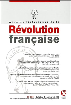 Image du vendeur pour annales historiques de la rvolution franaise n.386 : octobre/dcembre 2016 mis en vente par Chapitre.com : livres et presse ancienne