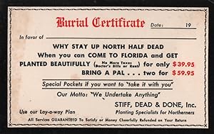 Seller image for Florida postcard: Burial Certificate for sale by Mobyville