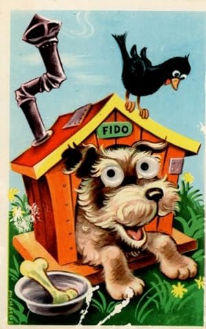 Bild des Verkufers fr Wackelaugen Ansichtskarte / Postkarte Hund Fido, Hundehtte, Rabe, Knochen zum Verkauf von akpool GmbH