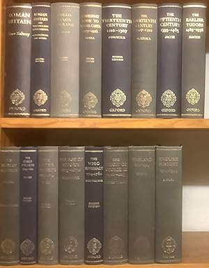 Bild des Verkufers fr THE OXFORD HISTORY OF ENGLAND (16 Volumes, Complete) Vol. 1A: Roman Britain. Vol. 1B: The English Settlements. Vol. 2: Anglo-Saxon England. Vol. 3: From Domesday Book to Magna Carta. Vol. 4: The Thirteenth Century. Vol. 5: The Fourteenth Century. Vol. 6: The Fifteenth Century. Vol. 7: The Earlier Tudors. Vol. 8: The Reign of Elizabeth. Vol. 9: The Early Stuarts. Vol. 10: The Later Stuarts. Vol. 11: The Whig Supremacy. Vol. 12: The Reign Of George III. Vol. 13: The Age Of Reform. Vol. 14: England 1870-1914. Vol. 15: English History 1914-1945. zum Verkauf von Chaucer Bookshop ABA ILAB